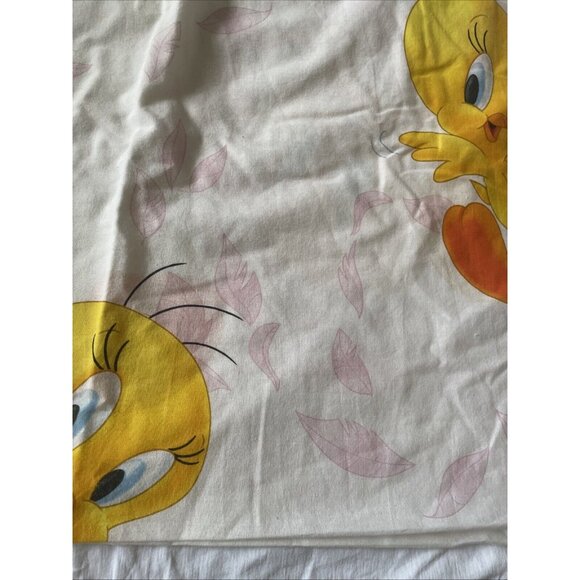 Vintage Tweety Bird & Sylvester Twin Flat Sheet Warner Bros 90s Cartoon White Pi - Picture 4 of 11